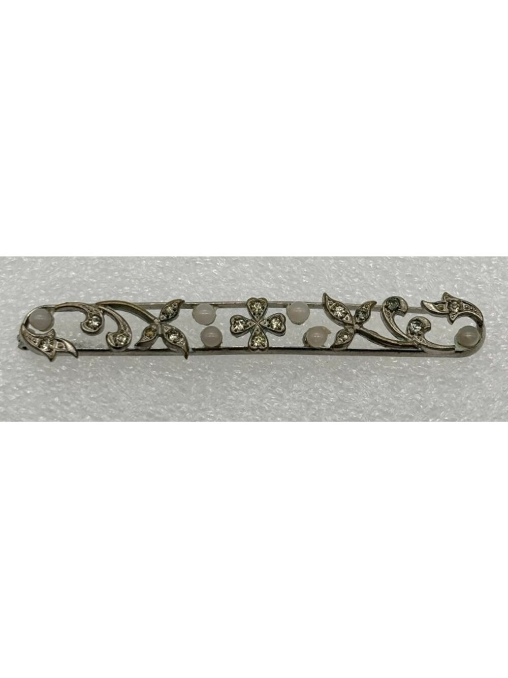 Antique Bar Brooch Pin Silver-Tone Rhinestones Faux Pearls C-Clasp Floral Detail